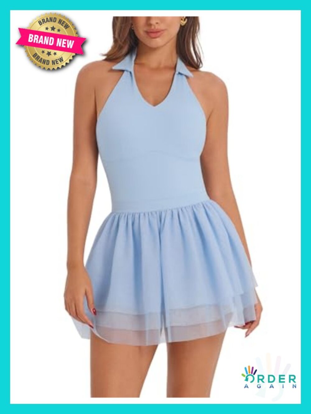 Tennis Dress with Built-in Bra & Shorts Halter V Neck Mesh Backless Golf Mini